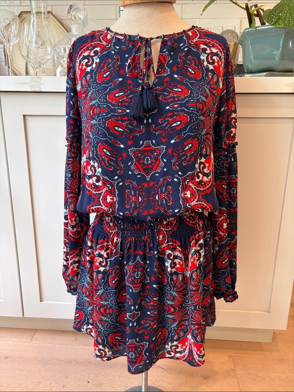 Parker 100% silk Navy Red and White Paisley Long-Sleeve Smocked Waist Mini Dress